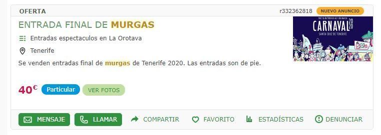 Algunas de las ofertas y demandas de entradas para el concurso de murgas adultas que se ofrecen en internet