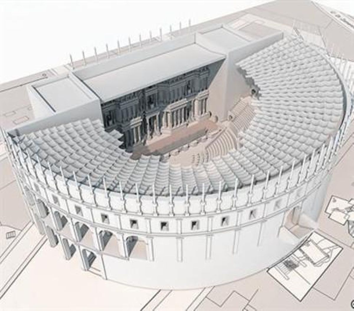 EL RESULTAT Tot i que en l’actualitat tot just s’endevina una part de l’escenari i de les grades, el projecte ha aconseguit recrear el teatre amb molt de detall.