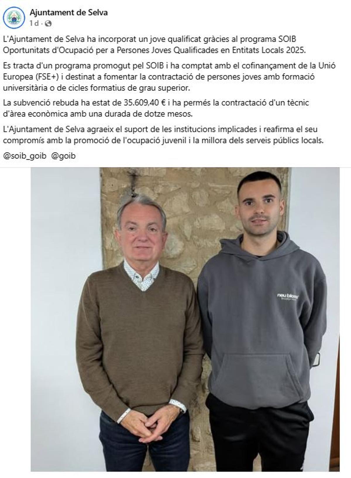 Imagen de la publicación del Ayuntamiento de Selva en las redes sociales sobre la incorporación laboral del hijo del alcalde.