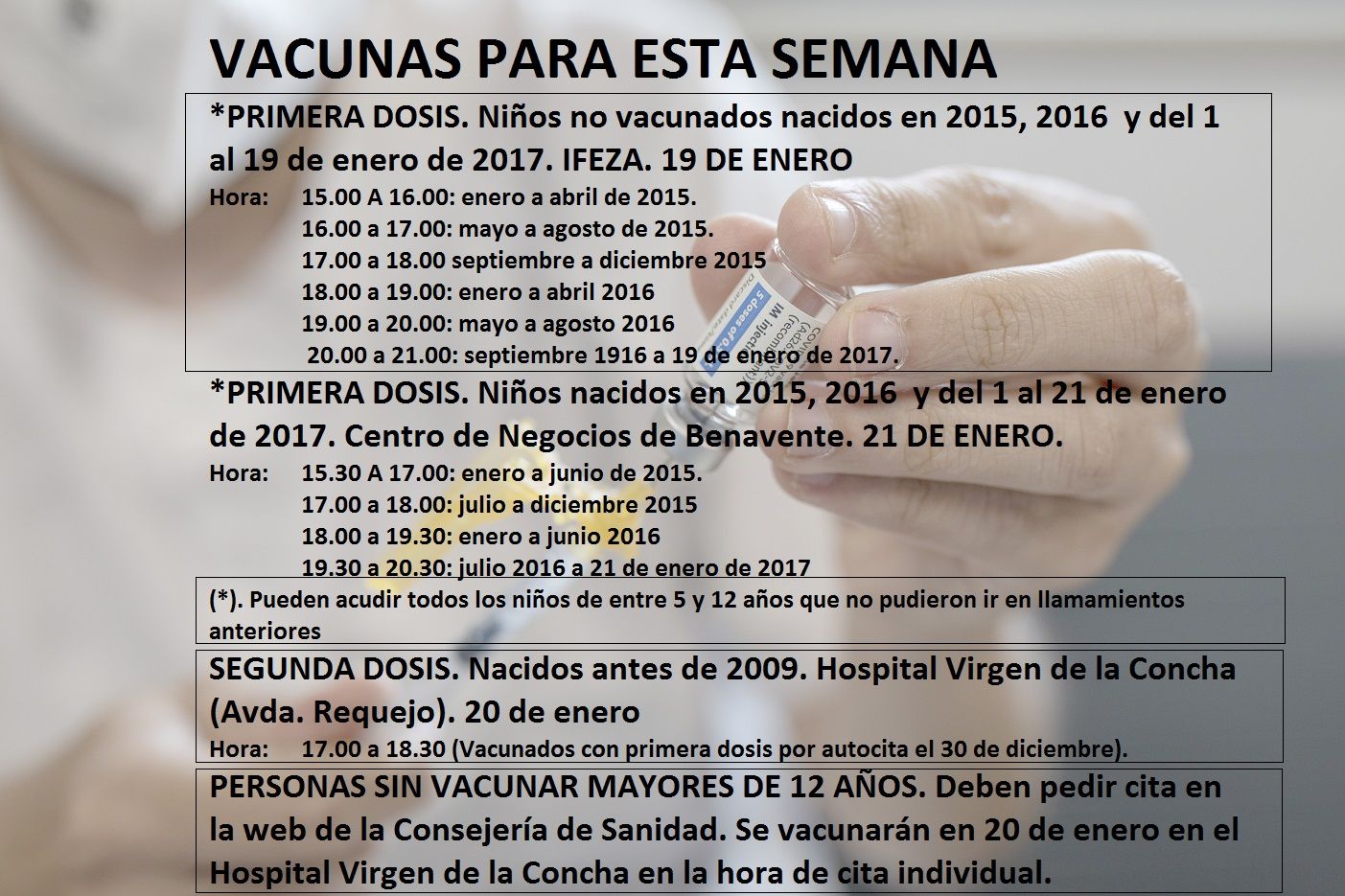 Caledario de vacunación para los próximos días