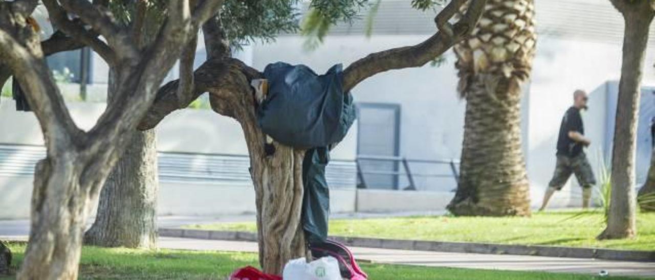 Un indigente en 2014 en un parque de Castelló.