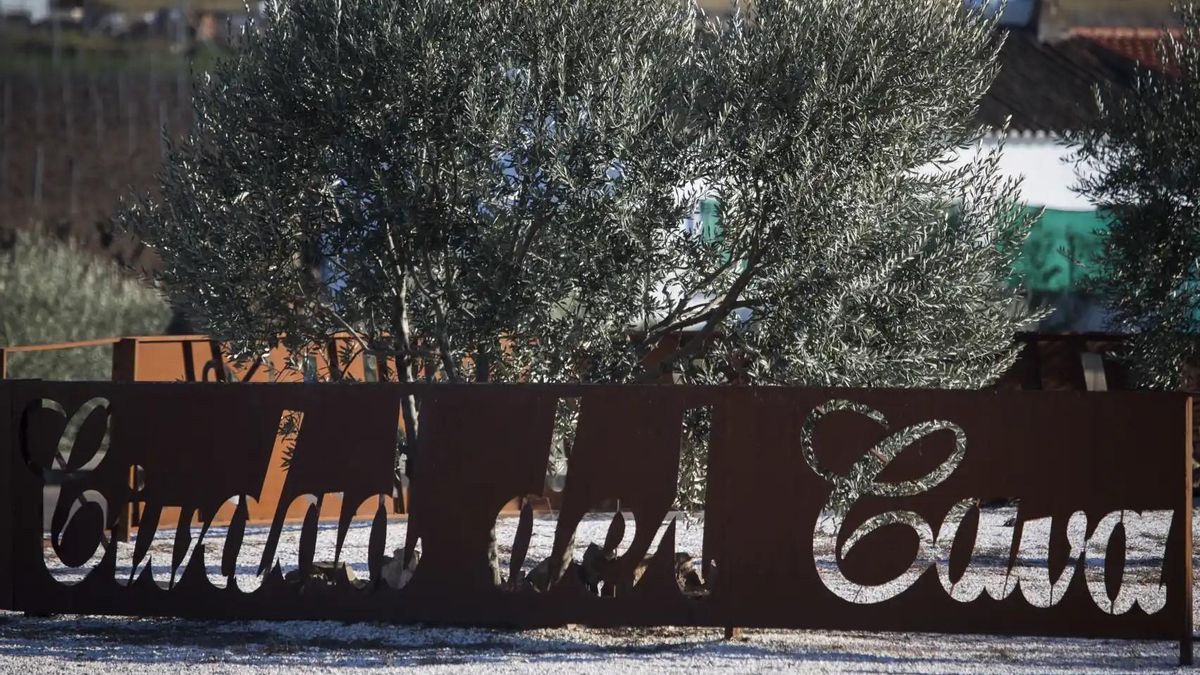 Un adorno en una rotonda de Almendralejo que hace honor a ‘Ciudad del Cava’.