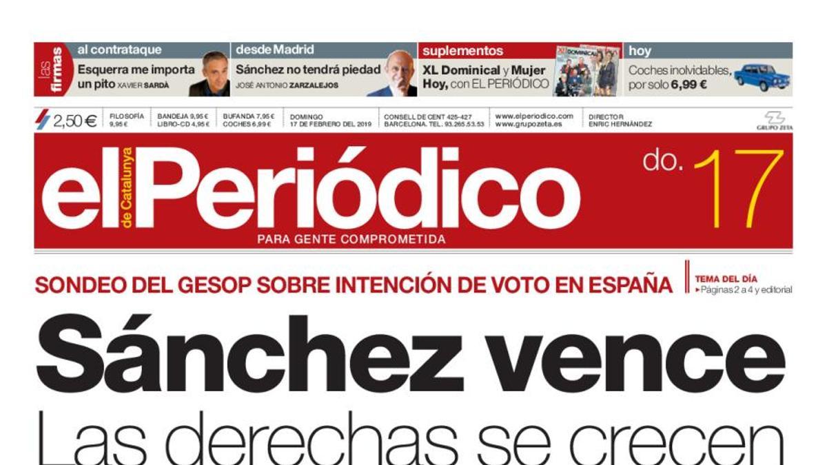 La portada de EL PERIÓDICO del 17 de febrero del 2019