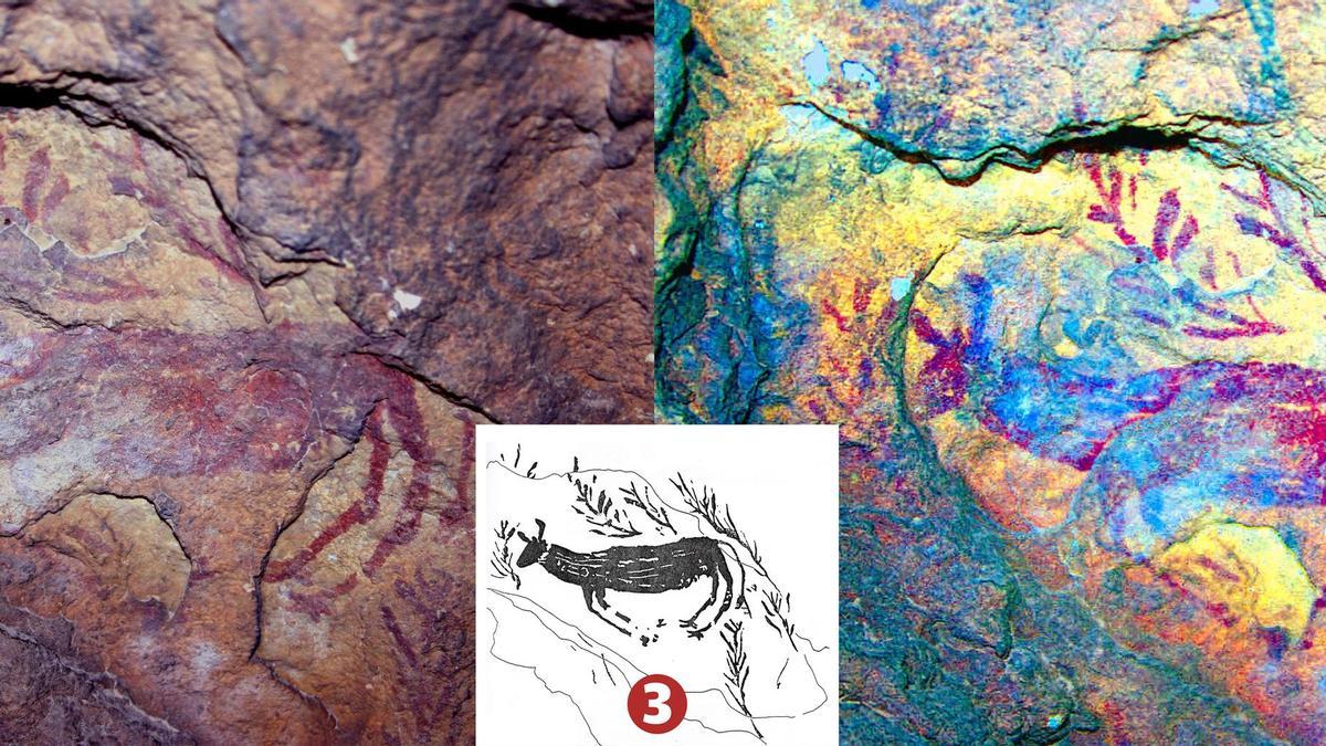 Abrigo de las Bojadillas: 1.Imagen original. 2. Gama cromática modificada. 3. Dibujo, según A. Alonso.