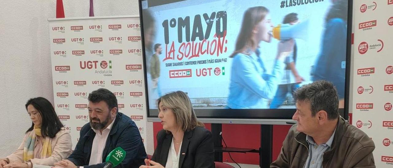 Vicente Palomares (UGT) y Marina Borrego (CCOO) en la presentación del cartel y de la manifestación del 1º de Mayo.