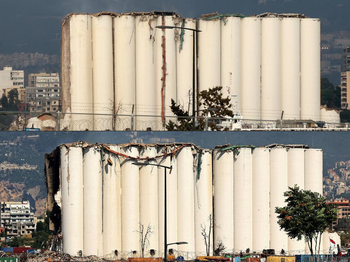 Combo que muestra el deterioro de los silos de grano gravemente dañados en el puerto de Beirut, imagenes tomadas el 25 y 31 de Julio del 2022