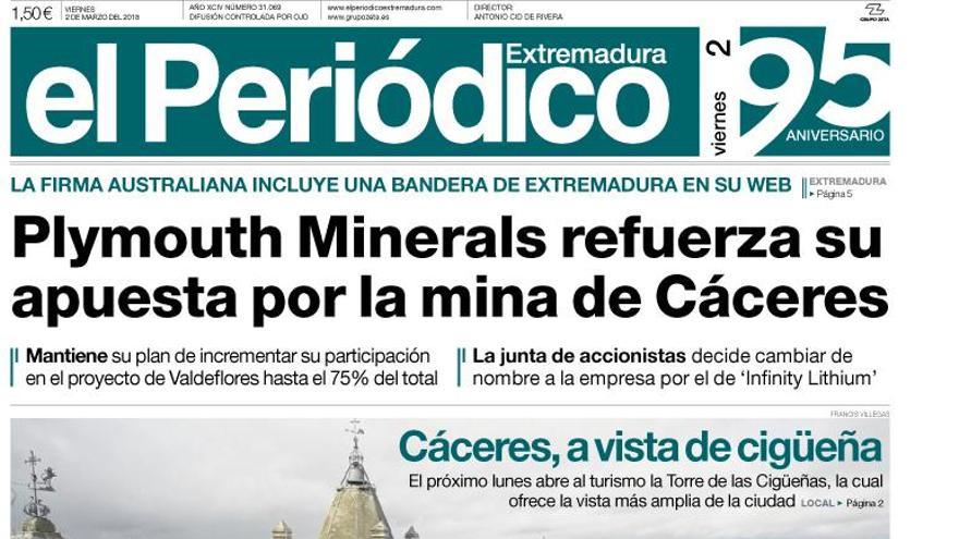 Esta es la portada de EL PERIÓDICO EXTREMADURA correspondiente al día 2 de marzo del 2018