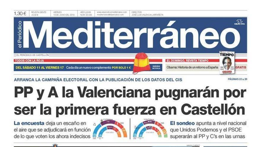 PP y A la Valenciana pugnarán por ser la primera fuerza en Castellón, en la portada de Mediterráneo