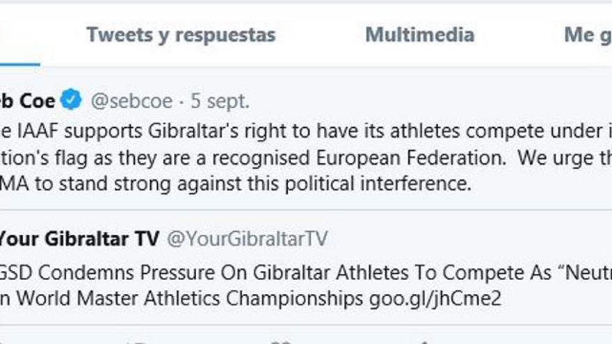 Sebastian Coe apoya Gibraltar en su twitter