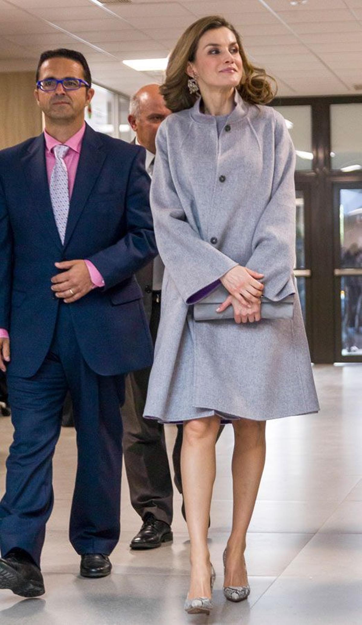 Letizia Ortiz en Valencia con conjunto gris de Carolina Herrera y zapatos de animal print