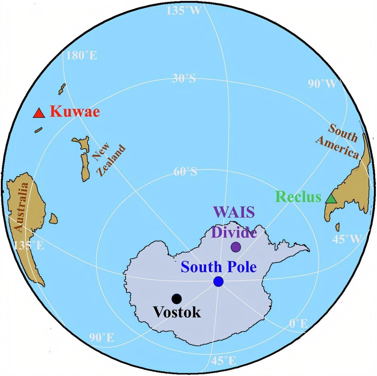 Mapa que muestra la ubicación de dos posibles volcanes emisores Kuwae (triángulo rojo) en Vanuatu, en el Pacífico tropical, y Reclus (triángulo verde)