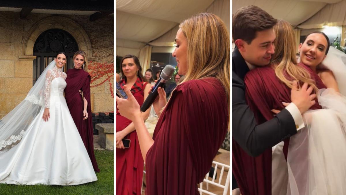 Alice Campello con la novia, Isabel Peña, y durante su discurso en el Palacio de La Riega.