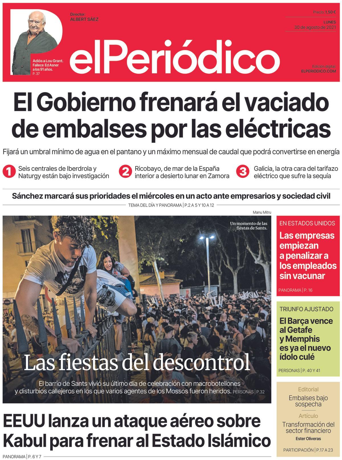 La portada d’EL PERIÓDICO del 30 d’agost del 2021