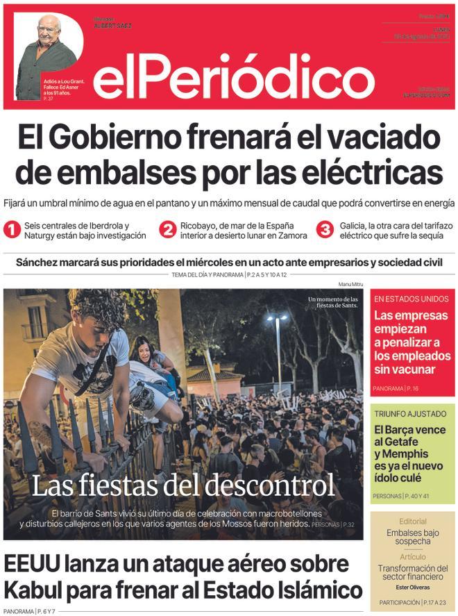 La portada d’EL PERIÓDICO del 30 d’agost del 2021