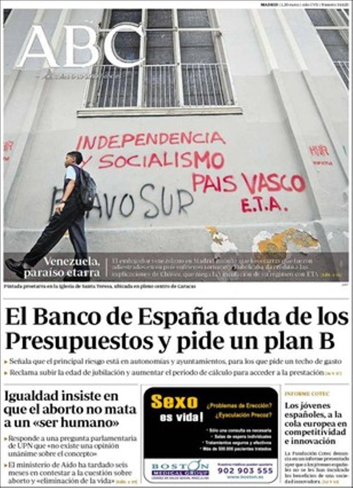 A més dels temes de portada, ’Abc’ realça a les pàgines interiors que Jesús Benegas, líder empresarial de companyies d’electrònica i comunicacions, guanya pes com a candidat a dirigir la patronal CEOE en substitució de Gerardo Díaz Ferrán.