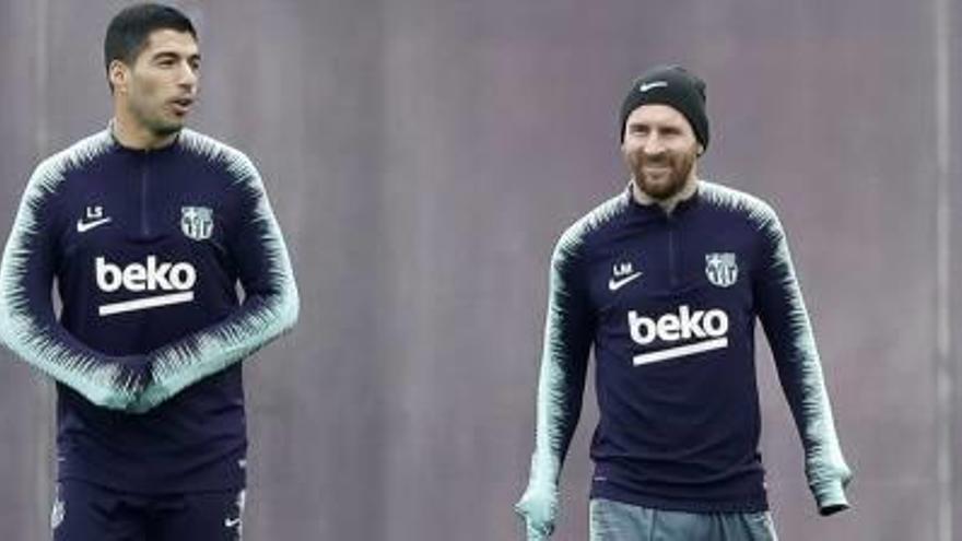 Suárez i Messi, en l&#039;entrenament d&#039;ahir del Barça.