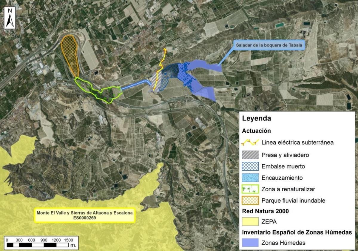 Mapa en planta de las actuaciones; en la trama azul el Saladar de la Boquera y el  embalse muerto.