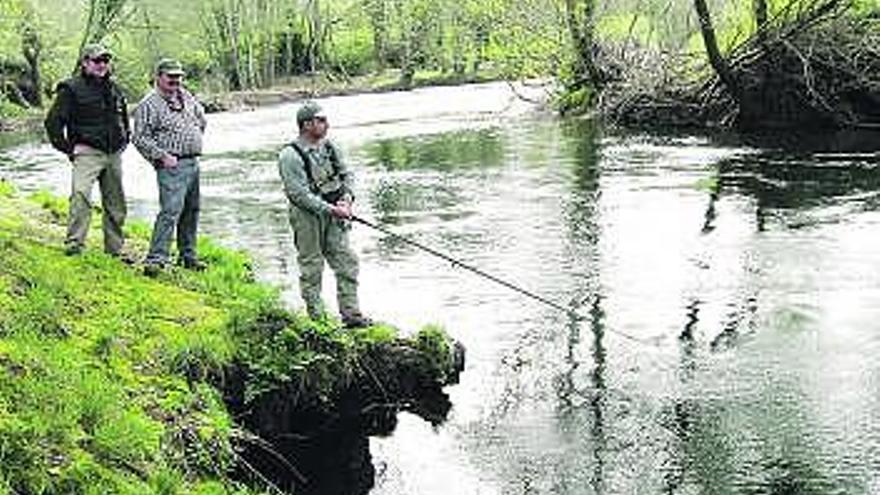 Un grupo de pescadores, probando suerte con el salmón en el Esva.