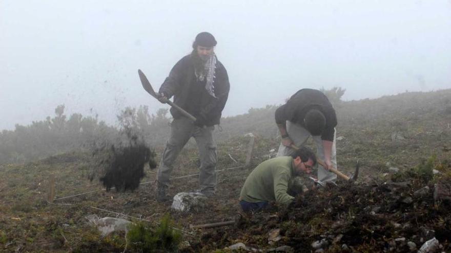 Arqueólogos trabajando en el Picu L.lagüezos durante la última campaña en 2012.