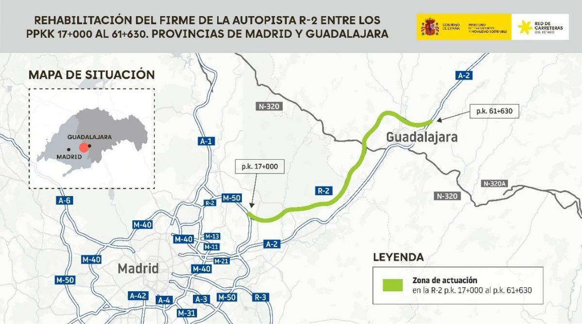 Rehabilitación de 45 km de firme de la R-2, entre el aeropuerto de Torrejón y Taracena.