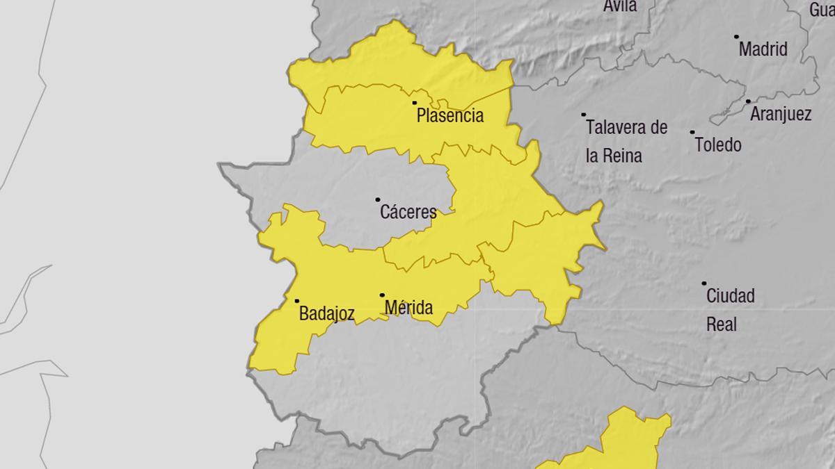 Mapa de la Aemet con las zonas en aviso amarillo.