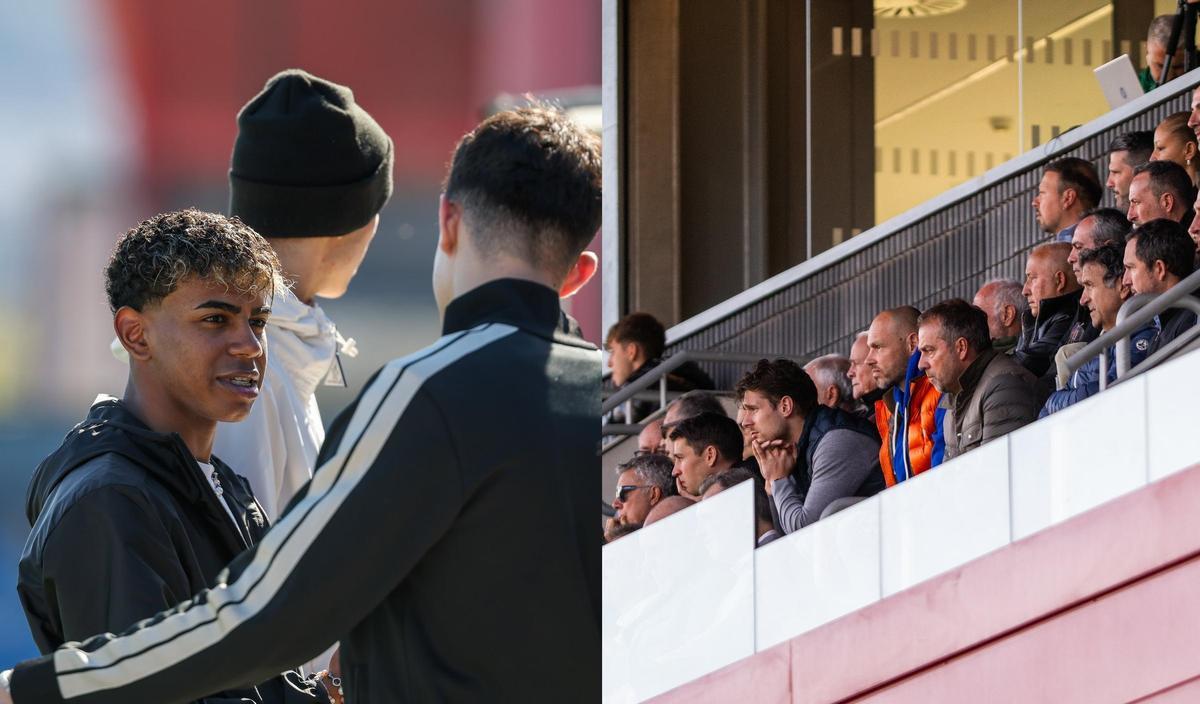 Lamine Yamal viendo al juvenil y Hansi Flick viendo al Barça Atlètic