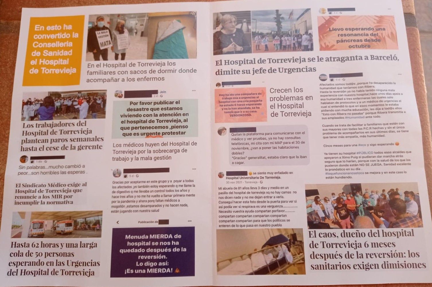 Folleto distribuido en el centro de Torrevieja y urbanizaciones para animar a los vecinos a denunciar en redes sociales el funcionamiento del Hospital Universitario, promovido por Sanidad Excelente