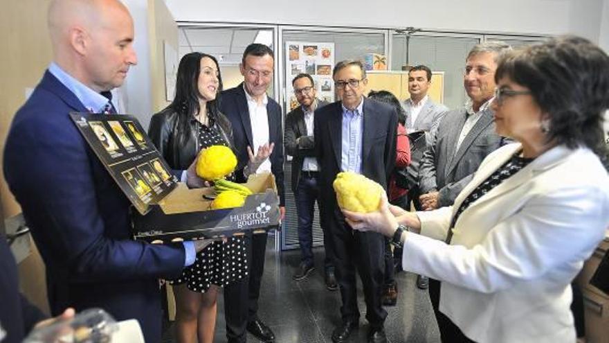 Un instante de la visita de la comitiva de Industria a una de las empresas asentadas en el Parque Científico de la UMH.