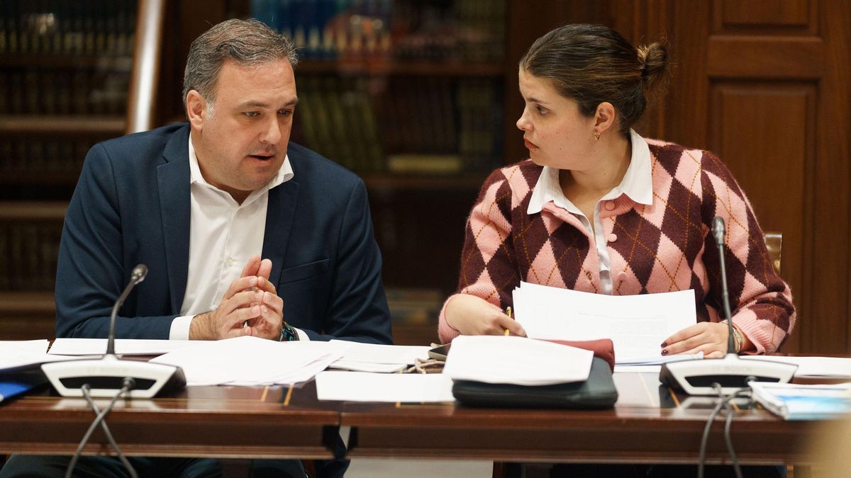 El diputado conservador Carlos Ester conversa con la nacionalista Diana Lorenzo durante la comisión de estudio del reto demográfico