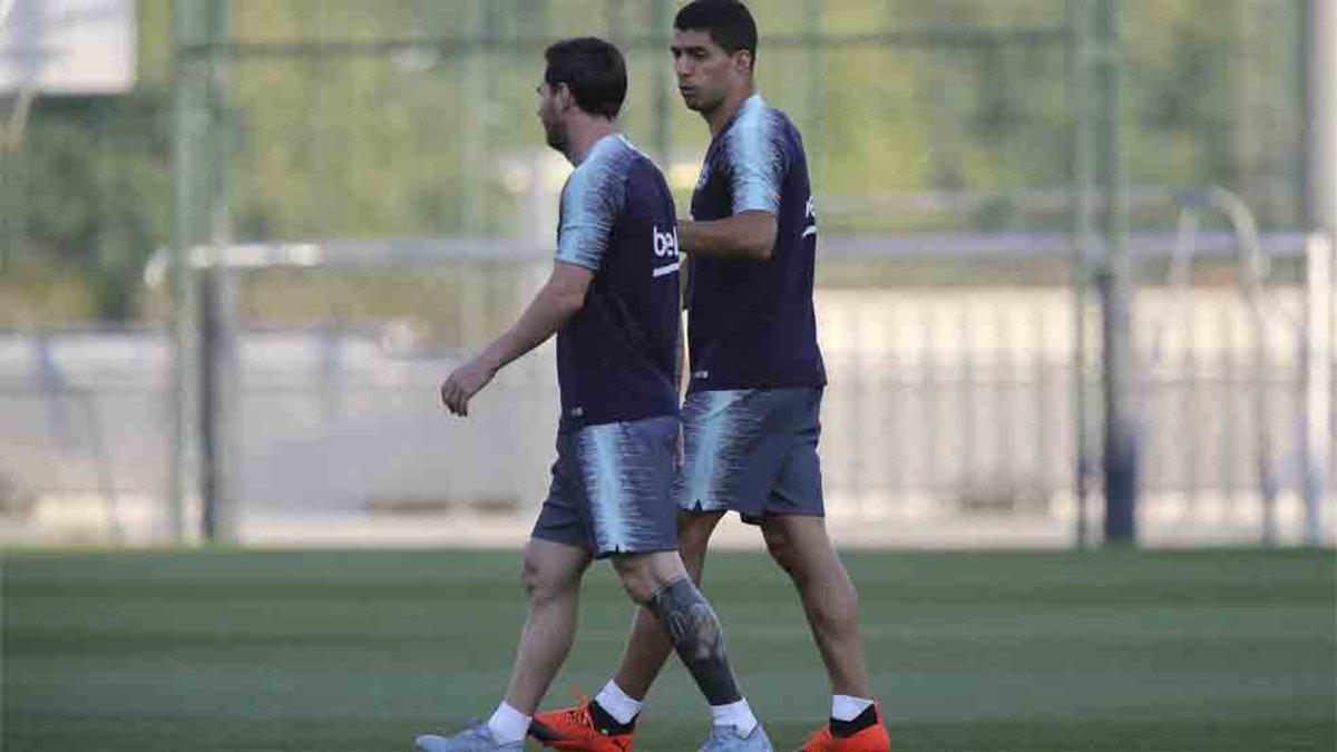 Leo Messi y Luis Suárez. en un entrenamiento