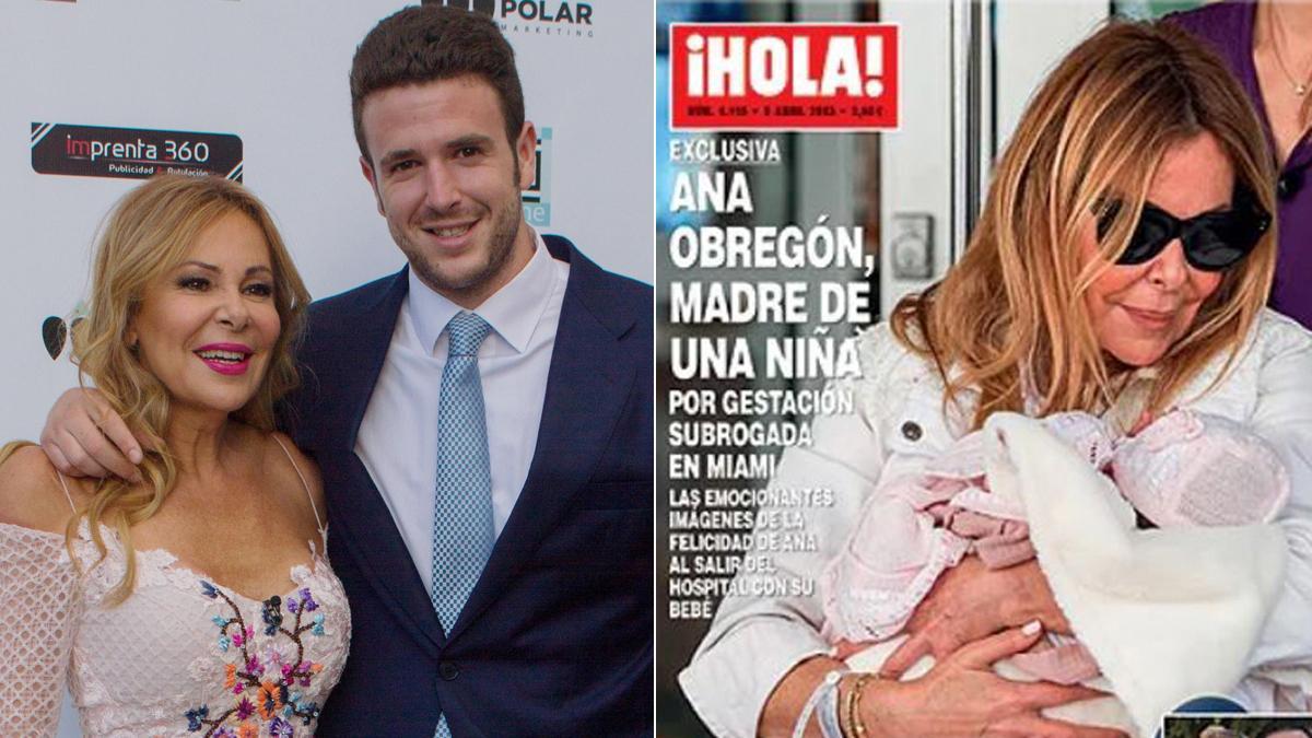 Ana Obregón y su hijo Aless Lequio y, a la derecha, portada de 'Hola' que anuncia la nueva maternidad de la presentadora