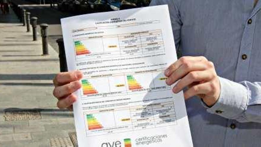 Un técnico sostiene un modelo de certificado energético.