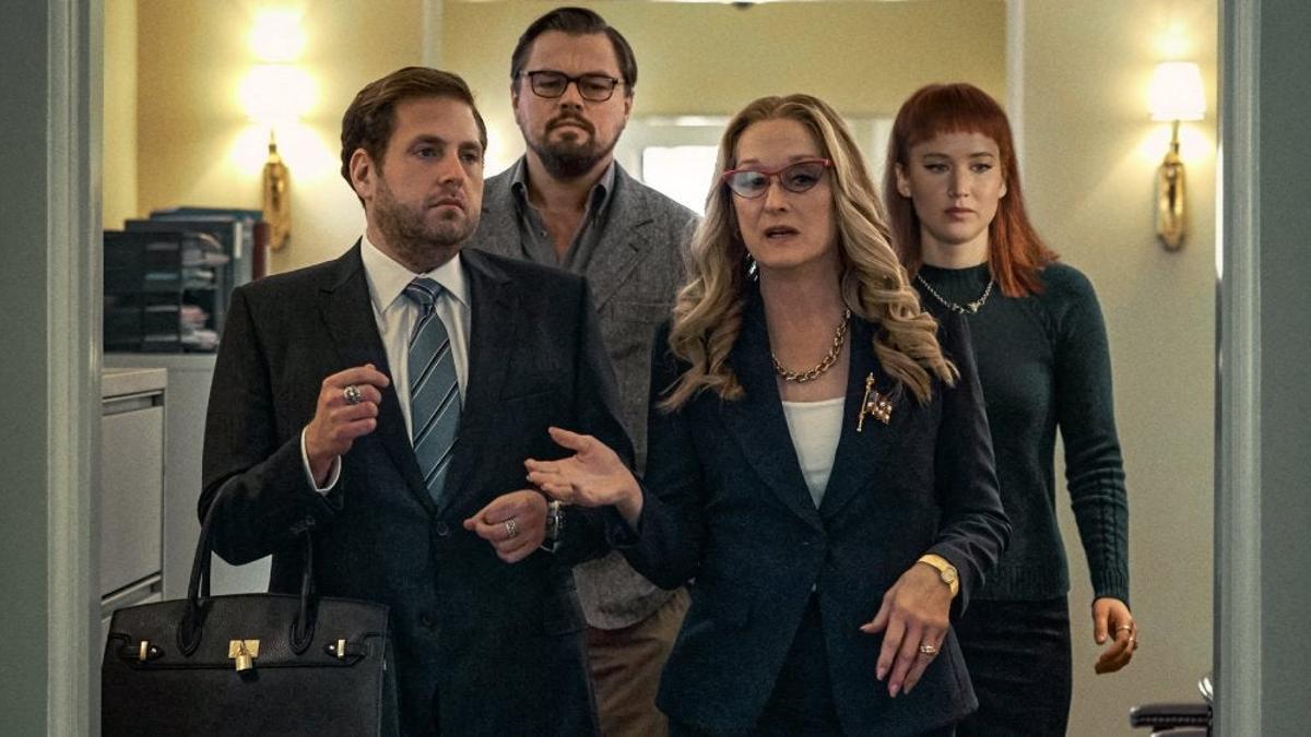 Jonah Hill, Leonardo DiCaprio, Meryl Streep y Jennifer Lawrence en No mires arriba