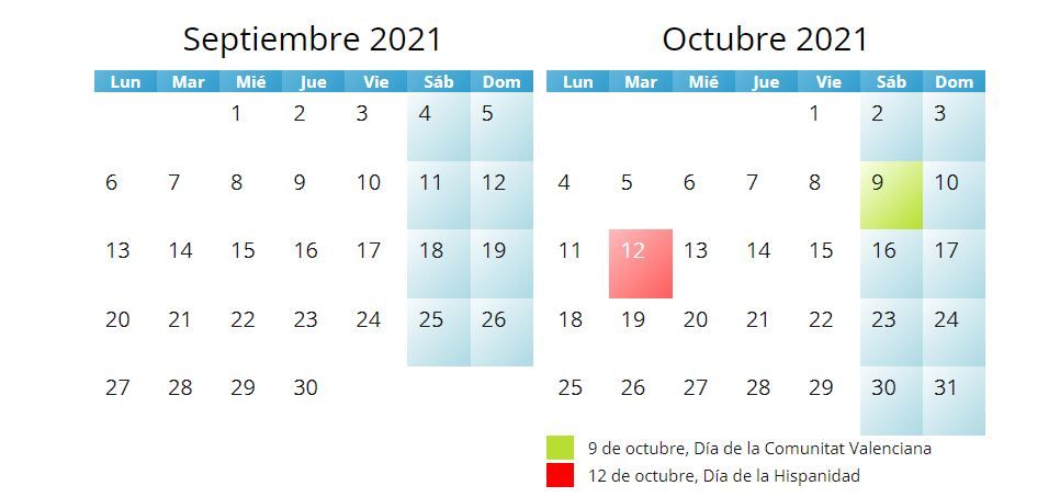 Calendario laboral del mes de octubre de este año 2021 con los festivos