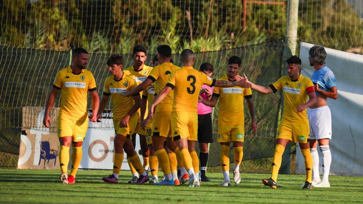 Los futbolistas del Hércules celebran el gol anotado en el amistoso contra la AFE