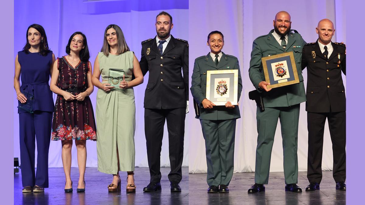 Los dos policías nacionales entregan las distinciones a sus cinco salvadores.