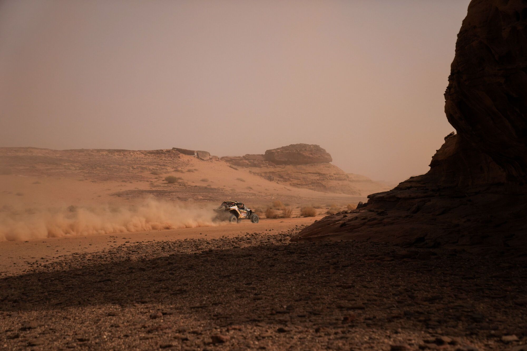 Driver Kyle Chaneyl and co-driver Jacob Argubright compete during the third stage of the Dakar Rally with a start and finish in Alula, Saudi Arabia, Tuesday, Jan. 6, 2026. (AP Photo/Thibault Camus)