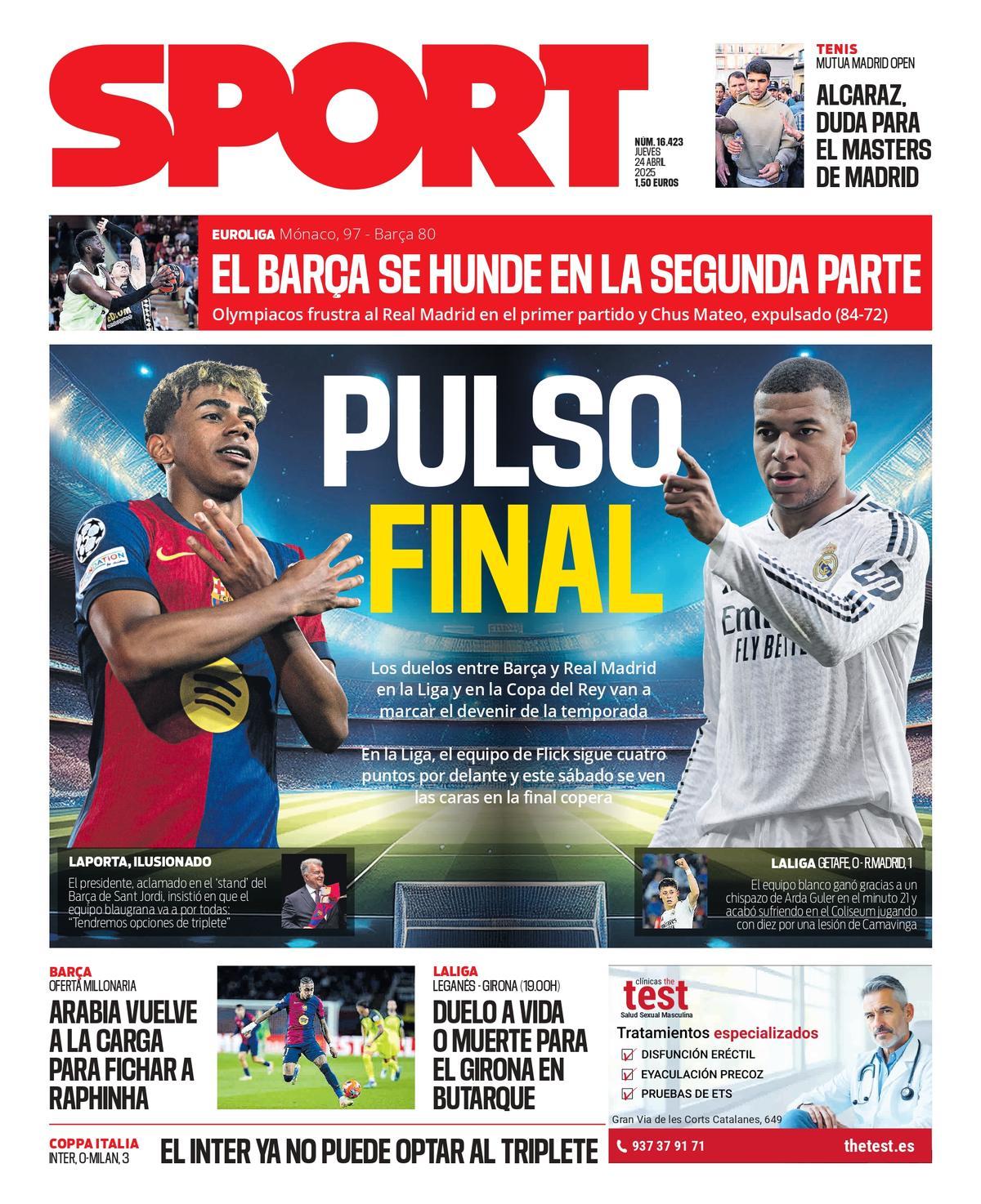 Esta es la portada de SPORT de hoy jueves, 24 de abril de 2025