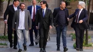 El president de la Generalitat, Salvador Illa, con los líderes sindicales y de las patronales en Catalunya