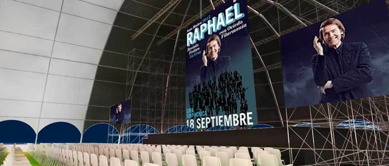 Imagen virtual de la carpa de La Ería para el concierto de Raphael y la orquesta Oviedo Filarmonía.