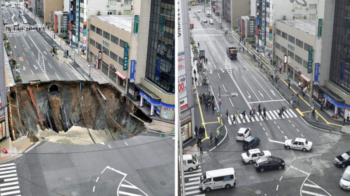 Així reparen els japonesos, en només 48 hores, l’enorme esvoranc de Fukuoka.