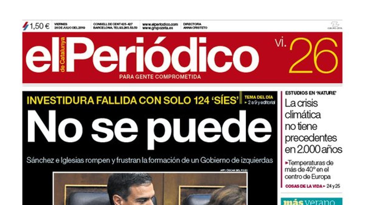 La portada de EL PERIÓDICO del 26 de julio del 2019