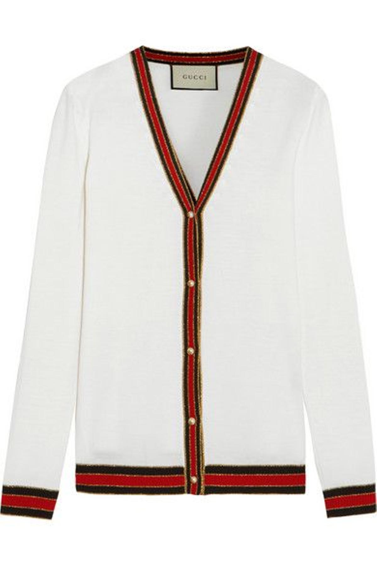 Cárdigan en blanco con detalles en rojo y azul, Gucci