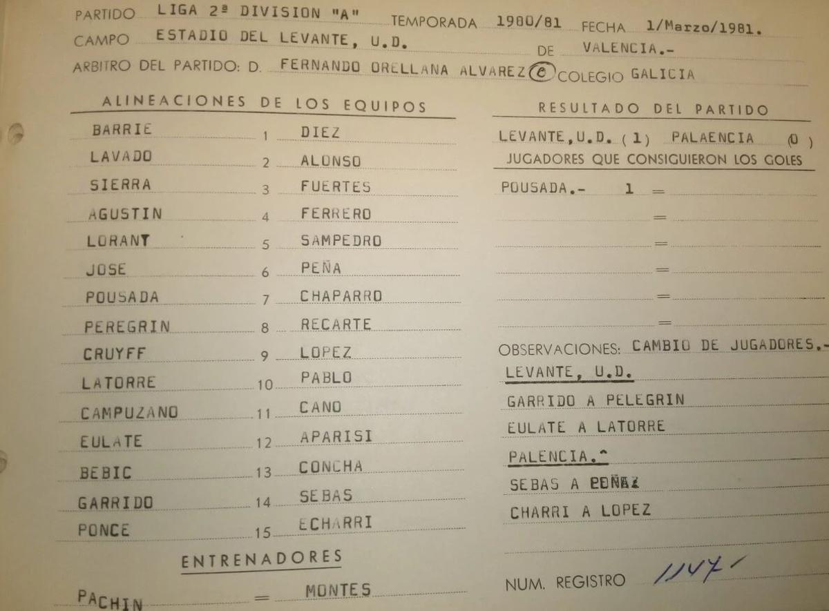 Acta del partido del debut de Johan Cruyff con el Levante UD