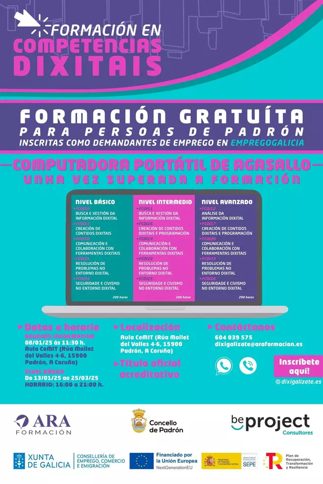 Padrón acollerá un curso de formación gratuíta en competencias dixitais para demandantes de emprego