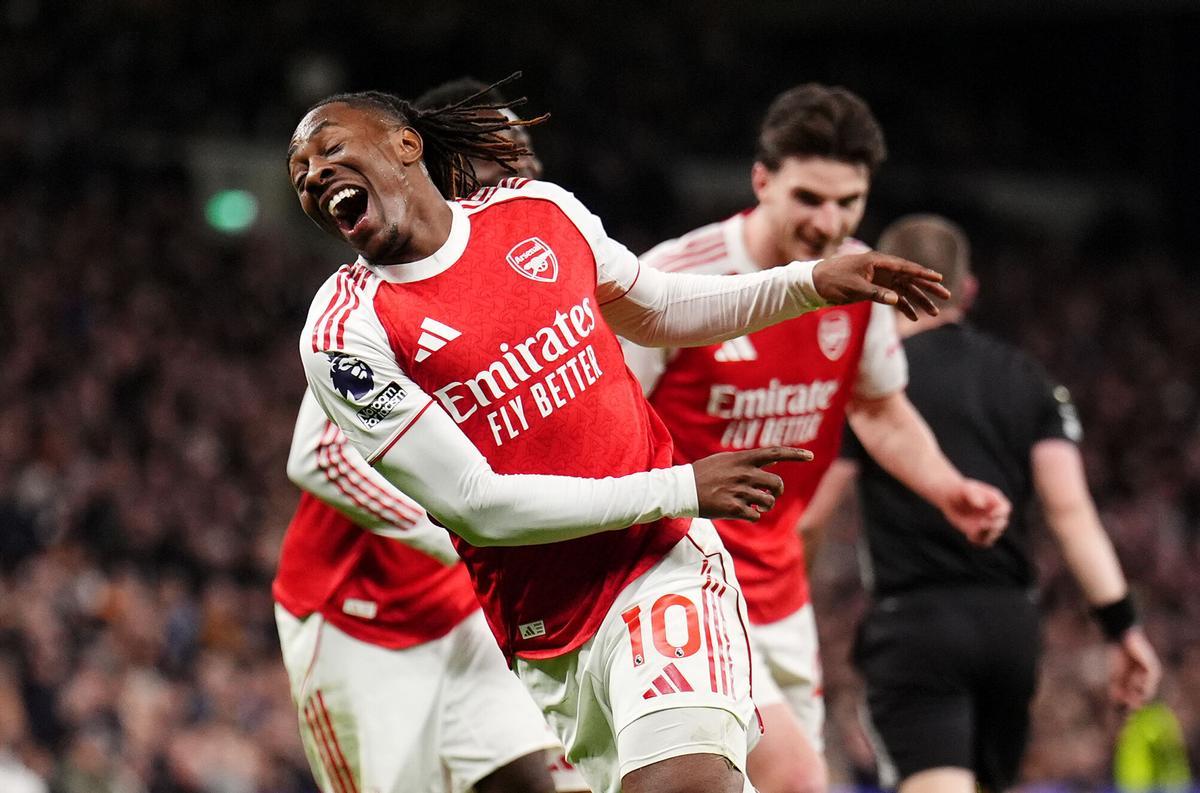 22 February 2026, United Kingdom, London: Arsenal's Eberechi Eze celebrates scoring their side's third goal during the English Premier League soccer match between Tottenham Hotspur and Arsenal at the Tottenham Hotspur Stadium. Photo: John Walton/PA Wire/dpa