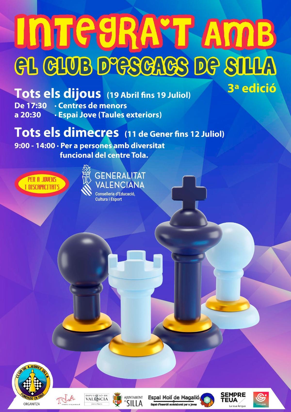La III edición del programa “Integra’t amb el Club d’Escacs Silla” es un programa social que consiste en la inclusión de una actividad de ajedrez ofrecida en el Centro Ocupacional TOLA.