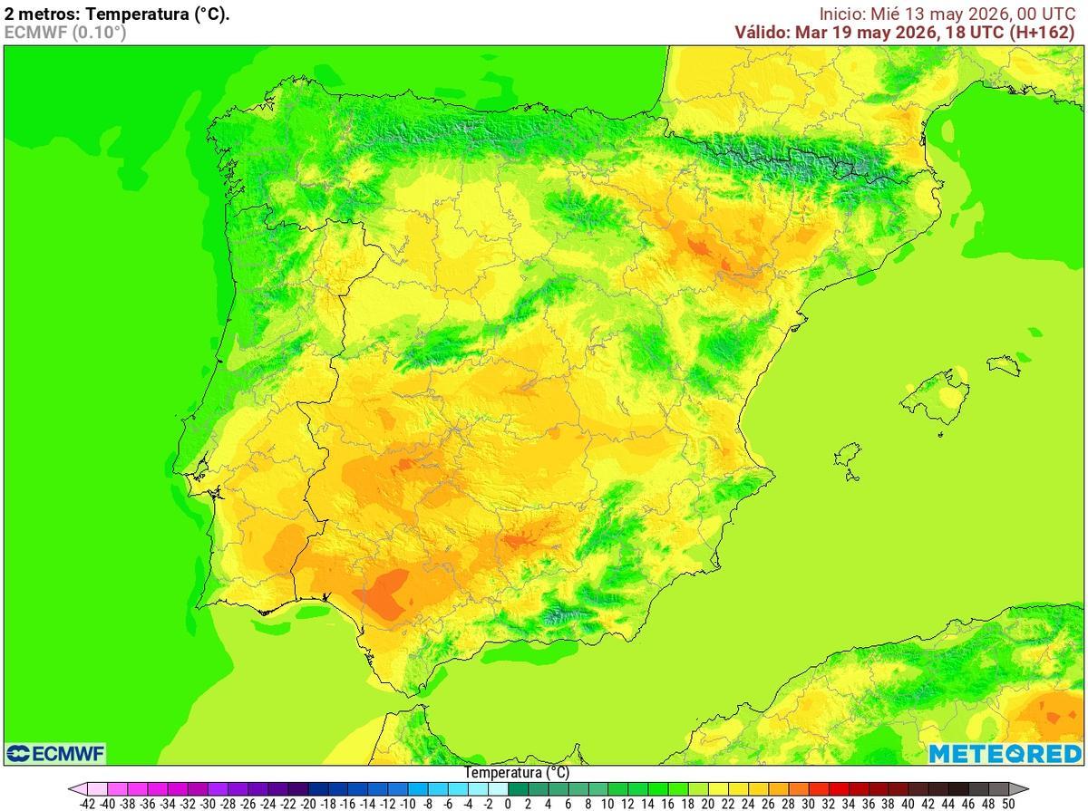 Previsión de las temperaturas previstas para el martes 19 de mayo a las 18 horas en toda España