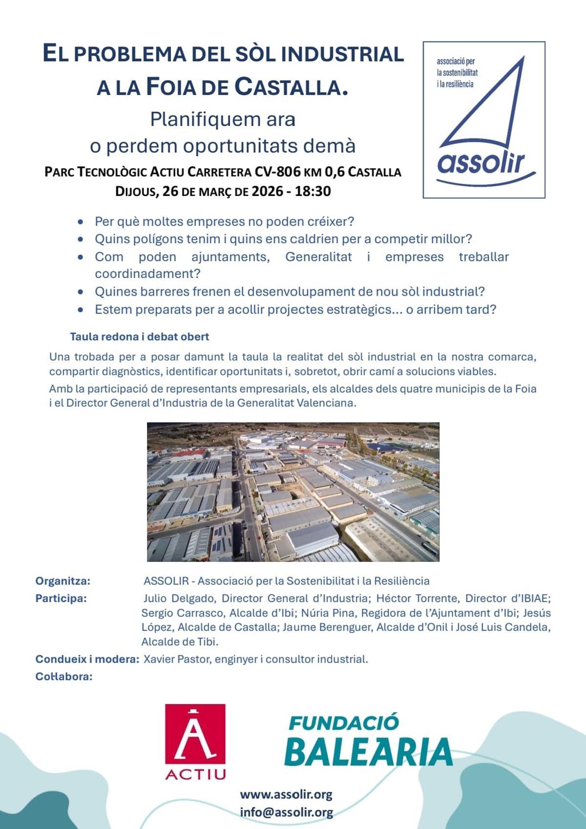 Cartell de la jornada sobre el sòl industrial a la Foia de Castalla organitzada per Assolir al Parc Tecnològic d’Actiu.
