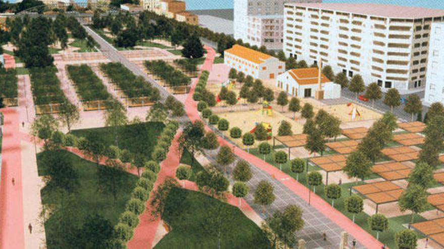 Imagen virtual del proyecto del Parc de les Estacions con la antigua estación de autobuses incorporada a la zona verde, a la derecha.